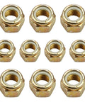 Grab A Pack of Dope 10 Yellies Grade 8 Coarse Nylon Insert Lock Nuts Zinc Plated For Heavy Duty Industrial Build And Construction Projects That Gonna Hold Tight and Never Slip Away, set of 10 nuts displayed.