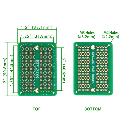 Top and bottom view of Solderable Mini Breadboard PCB Board Gold Plated For DIY Electronics Projects Soldering Ready, 2.0x1.5 inch, green.