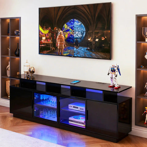 70 Inch Black TV Stand With Ambient LED Lights For Living Room, modern design with glass doors and sleek black finish