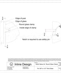Technical drawing of Heavy Duty Round Glass Clamp for Flat Surfaces 3/8 to 1/2 Inch Glass, Stainless Steel 316 Marine Grade