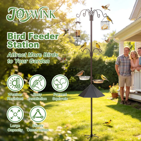 94 Inch Garden Bird Feeding Station Kit with Heavy Duty Metal Squirrel Baffle in backyard, birds feeding, family nearby