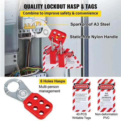 58 Piece Lockout Tagout Kit For Rock Solid Electrical Safety Featuring Industrial Station Padlocks Hasps Warning Tags Zip Ties Works Like A Charm For Heavy Duty Factory And Plant Projects with sparkproof steel hasp and warning tags.