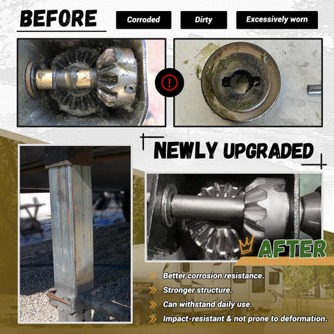 146059 Power Landing Gear Repair Kit for Fifth Wheel RV Lead Leg, showing before and after upgraded gear components.
