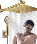 Man enjoying 12 Inch Rain Shower Head With 11 Inch Adjustable Extension Arm And 5 Function High Pressure Handheld Shower Brushed Gold Finish