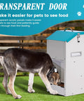 Top Notch Galvanized Gravity Auto Dog Feeder With 15 Lb Size And Rust Resistant Stainless Steel Shovel in outdoor setting with dog feeding.