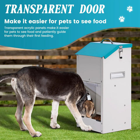 Top Notch Galvanized Gravity Auto Dog Feeder With 15 Lb Size And Rust Resistant Stainless Steel Shovel in outdoor setting with dog feeding.