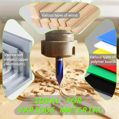 Nano Blue Coated CNC Wood Engraving Router Bit Set One Quarter Inch Shank With 15 20 60 90 Degree V Bits and 2 Flute