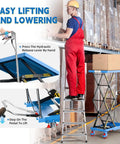 Double Scissor Lift Cart With 50 Inch Lift Height And 330 Lb Capacity, showing hydraulic lever and pedal foot operation, blue color