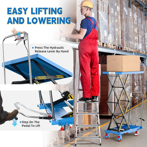 Double Scissor Lift Cart With 50 Inch Lift Height And 330 Lb Capacity, showing hydraulic lever and pedal foot operation, blue color