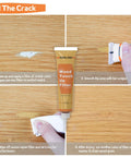 Four-step repair process using Wood Furniture Repair Kit 28 Piece Set with Touch Up Markers and Fillers on wooden surface.
