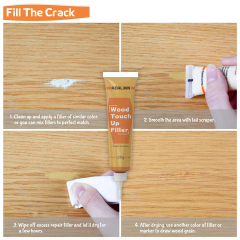 Four-step repair process using Wood Furniture Repair Kit 28 Piece Set with Touch Up Markers and Fillers on wooden surface.