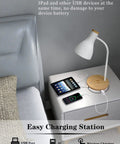 White Metal Desk Lamp With Fast Wireless Charging Pad And USB Ports, Arc Table Light on nightstand, charging devices