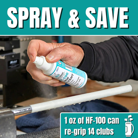 Hand using 4 oz HF 100 solvent from Premium Golf Grip Kit For Regripping With 15 2x10 Tape Strips Durable Rubber Vise Clamp