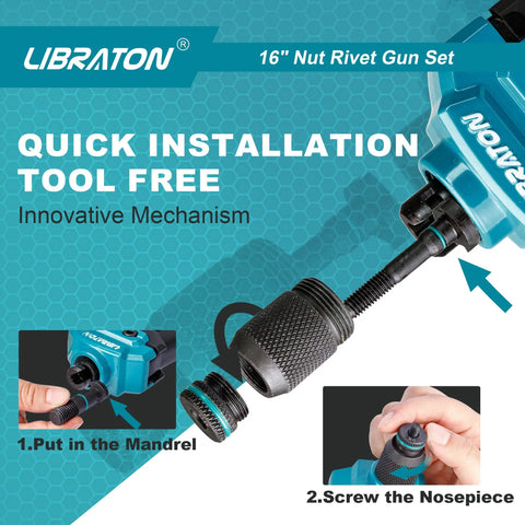 16 Inch Rivet Nut Tool Set With Hand Rivet Nut Gun mechanism and mandrel installation steps
