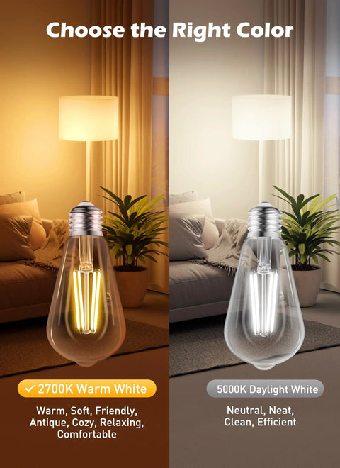 Comparison of 2700K warm white and 5000K daylight white LED Edison bulbs in living room setting