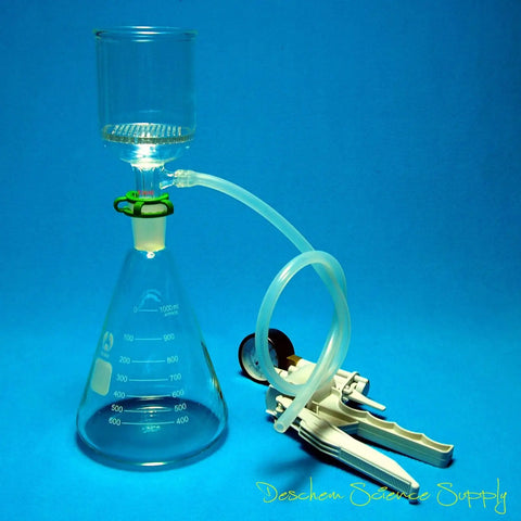 Suction Filtration Kit 1000ml With 250ml Buchner Funnel And 1L Glass Erlenmeyer Flask With Handle Vacuum Pump 24/40 Ground Joint Borosilicate Glass Set For Lab DIY Filtration shown in blue background