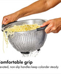 Non Slip Grip 5 Qt Stainless Steel Colander with Comfortable Handles, straining pasta with elevated non-slip handles