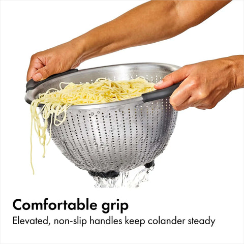 Non Slip Grip 5 Qt Stainless Steel Colander with Comfortable Handles, straining pasta with elevated non-slip handles