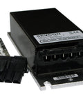 Top Shelf High Performance DC To DC Isolated Voltage Reducer Converter Stepping 80V Down To 12V 5 Pin 500 Watt Battery Charger Setup For Golf Cars, compact black module with connectors.