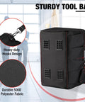 Rugged 12 Inch Close Top Wide Mouth Tool Bag With Double 500D Polyester, seven exterior pockets, heavy-duty hooks, side view