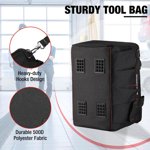 Rugged 12 Inch Close Top Wide Mouth Tool Bag With Double 500D Polyester, seven exterior pockets, heavy-duty hooks, side view