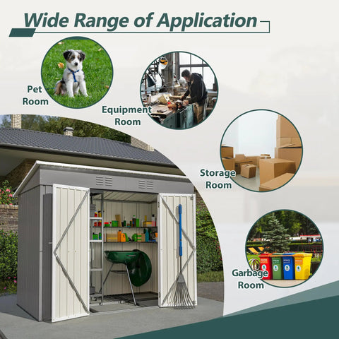 8x4 Heavy Duty Steel Outdoor Storage Shed for Backyard with Double Lockable Doors Open Showing Equipment Storage