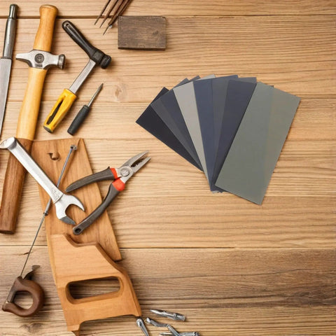56 Piece Wet And Dry Sanding Sheets Kit With Assorted Grit 400 To 5000 for Wood and Metal displayed on wood surface with tools