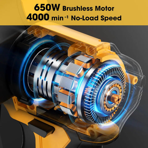 650W motor detail of 20V Max Cordless Pruning Chainsaw With 8 Inch Blade Beefy Brushless Power No Fuss Cutting At 24 Point 6 Feet Per Second 4000 RPM Electric Wood Saw Battery Not Included Compatible With 20V Max Batteries