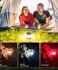 Rechargeable LED Camping Lantern with dimmable warm and cool light and red night mode illuminating a tent entrance