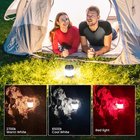 Rechargeable LED Camping Lantern with dimmable warm and cool light and red night mode illuminating a tent entrance