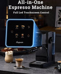 Badass Home Espresso Maker With Slick Touchscreen Interface And 20 Bar Pump Pulls Knockout Shots For Smooth Lattes Or Quick Cold Brew Featuring Full Milk Frothing Setup With Generous 41oz Water Tank, showing sleek touchscreen controls.