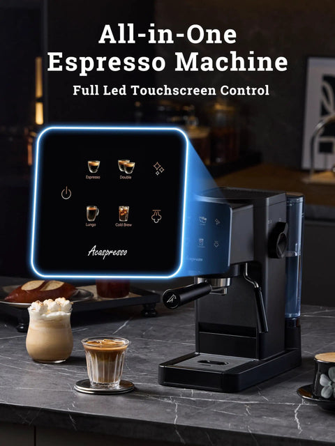 Badass Home Espresso Maker With Slick Touchscreen Interface And 20 Bar Pump Pulls Knockout Shots For Smooth Lattes Or Quick Cold Brew Featuring Full Milk Frothing Setup With Generous 41oz Water Tank, showing sleek touchscreen controls.