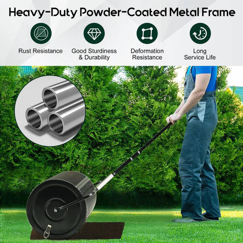 Person using Beast Compost And Peat Moss Spreader For Lawns And Gardens with heavy-duty powder-coated metal frame