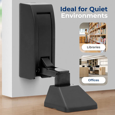 Heavy Duty Carbon Steel Door Stopper Features Hydraulic Soft Close For Smooth Operator Swing Tough As Nails Wall Guard For Hallways And Offices No Drama Bolt Down Setup Hangs Steady Through Thick And Thin Matte Black installed on a wall.