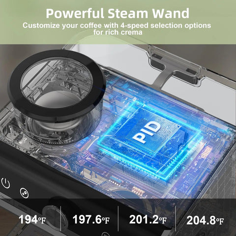 Pro 20 Bar Espresso Machine With Built In Conical Burr Grinder And Steam Wand showing PID control and steam wand options.