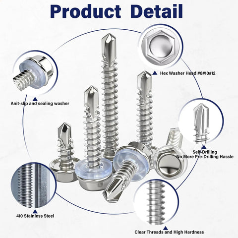 Close-up of 900 Piece Stainless Steel Self Tapping Screws Set With Hex Washer Head Self Drilling Sheet Metal Screws Assortment Kit With Rubber Washers Included Sizes 8 10 12 Beefy Quick Heavy Duty Metal Projects showing hex washer heads and rubber washers