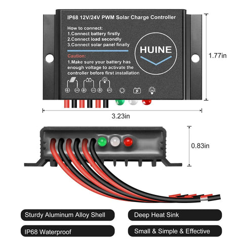 20A 12V 24V IP68 Waterproof PWM Solar Charge Controller with instructions and cable connectors for outdoor systems.