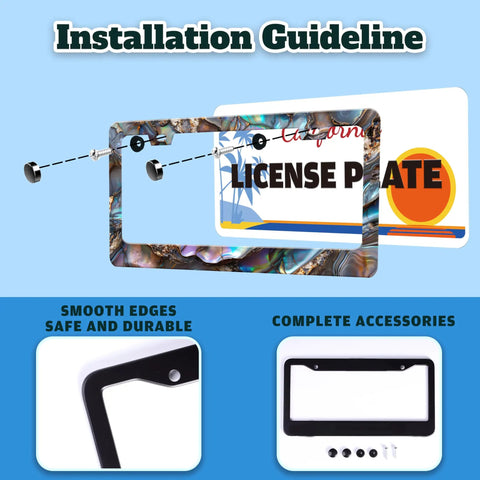 Installation guide for Abalone Shell License Plate Frame Made From Stainless Steel For Front And Rear Car Tags With Screws Durable 6.3 By 12.2 Inches Adds Unique Style To Your Ride For Women And Men A Fun Car Decoration Accessory.