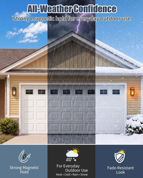 Faux Mirror Garage Window Panels Kit, 32-Piece Magnetic Window Inserts on garage doors in various weather conditions.