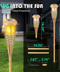Solar Torch Lights With Realistic Flickering Flame Outdoor Yard Path And Patio Decor 4 Pack Waterproof LED Garden Lights With Bamboo Weave displayed in front yard, showing dimensions and parts for easy installation.