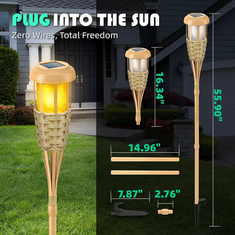 Solar Torch Lights With Realistic Flickering Flame Outdoor Yard Path And Patio Decor 4 Pack Waterproof LED Garden Lights With Bamboo Weave displayed in front yard, showing dimensions and parts for easy installation.