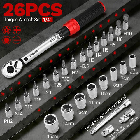 Pro Grade 26 Piece Bike Torque Wrench Set With One Quarter Inch Drive For Mountain Bikes, 20 To 200 InLb Range, 2.3 To 22.2 Nm, 72 Tooth Dual Direction Adjustable, Includes Bits Sockets Extension Bar And Universal Joint, 1/4in drive set with bits and sockets