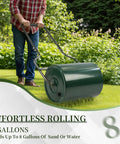 Person using Beefed Up Heavy Duty Lawn Roller 8 Gallon Water Or Sand Fill With Drain Plug And U Shaped Handle For Push Or Pull Operation Durable Steel Lawn Care Tool For Greening Up Lawns And Yard Maintenance 16 Inch on lawn