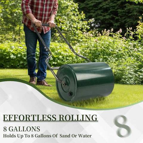 Person using Beefed Up Heavy Duty Lawn Roller 8 Gallon Water Or Sand Fill With Drain Plug And U Shaped Handle For Push Or Pull Operation Durable Steel Lawn Care Tool For Greening Up Lawns And Yard Maintenance 16 Inch on lawn