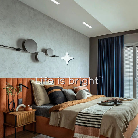 Sleek Quad Head Recessed LED Spotlight With Fully Adjustable 360 Degree Gimbal And 15 Degree Tilt, 5CCT Tuning From Cozy To Crisp, Super Bright 60W 4000 Lumens CRI90, Smooth Dual Dimmable Rectangular Ceiling Light In Clean White Finish (Pack Of Two) illuminating a modern bedroom.