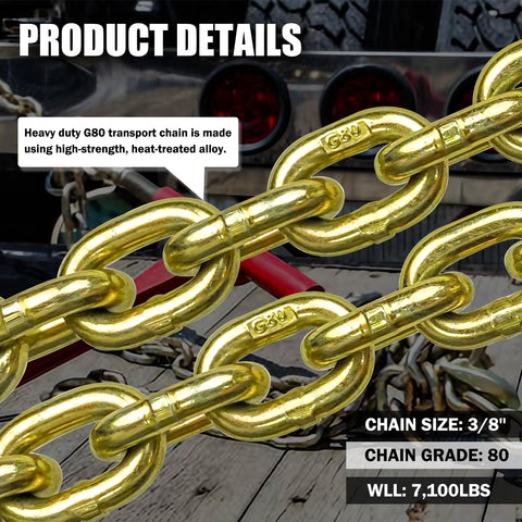 Close-up of G80 Transport Chain Three Eighths Inch By Twenty Five Foot With Clevis Grab Hooks Heavy Duty Tow Chain for hauling