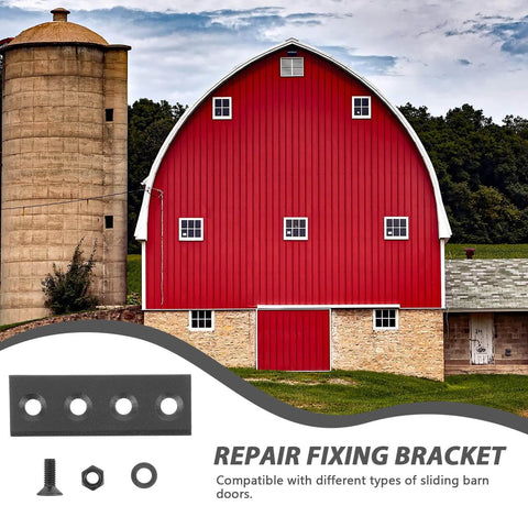 Repair fixing bracket set for sliding barn doors, featuring metal plate with holes, screws, and nuts, against a red barn backdrop.