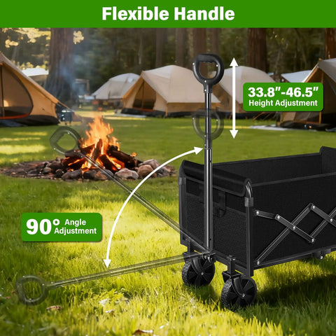 All-Terrain Folding Wagon Cart For Grocery, Camping And More with adjustable handle in a campsite setting next to tents.