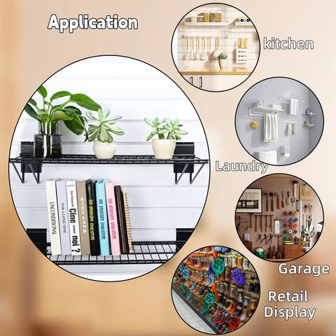 24 Inch Slatwall Shelf Set Two Pack Heavy Duty Garage Storage Wire Shelves With Durable Powder Coat Finish, applications shown in kitchen, laundry, garage, and retail display settings