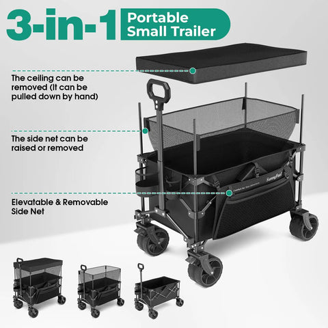 Beast Mode Folding Wagon Cart With Canopy 445L Total Space And 440Lbs Capacity 3 In 1 Convertible Utility Wagon